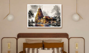 A framed art print depicting a traditional South Indian temple tower, displayed on a beige wall above a bed in a modern bedroom setting.