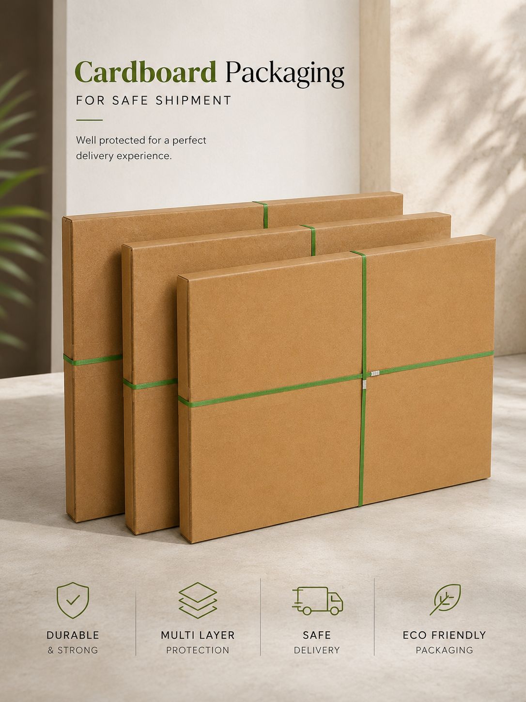 Four brown cardboard shipping boxes stacked and bound with green straps, shown in a clean interior setting with text reading 'Cardboard Packaging for Safe Shipment' and feature icons below.