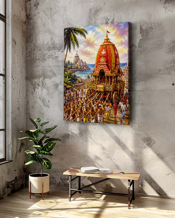 A vertical canvas print of a Hindu temple festival, depicting a decorated palanquin carrying devotees toward a temple, displayed on a textured gray concrete wall in a modern room setting with a potted plant and a wooden bench.
