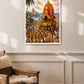 A framed colorful painting of a traditional Indian temple procession with a decorated chariot, palm tree, and sea backdrop, displayed on a beige wall above a wooden armchair.