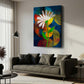 A colorful abstract floral canvas print featuring a white daisy on a dark blue background with yellow, orange, and green accents, displayed on a light gray wall above a modern gray sofa in a styled living room.