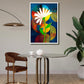 A framed abstract floral wall art print hangs above a round glass-top dining table in a modern room. The artwork features a white daisy-like flower with a green stem over a dark blue background with orange, yellow, and red circular patterns.