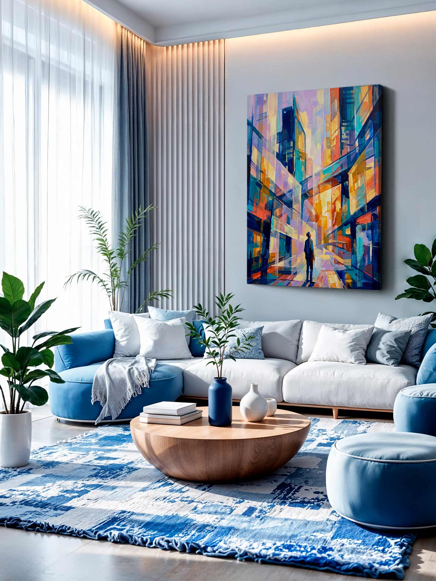 A modern living room with a large colorful abstract cityscape canvas print on the wall above a white sectional sofa with blue cushions, a blue rug, and potted plants.