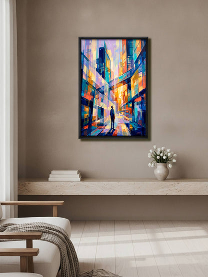 A framed abstract painting of a city street with colorful geometric buildings hangs on a beige wall in a modern living room setting.