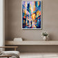 A framed abstract painting of a city street with colorful buildings and a silhouetted figure, displayed on a beige wall above a light wood console in a modern living room setting.