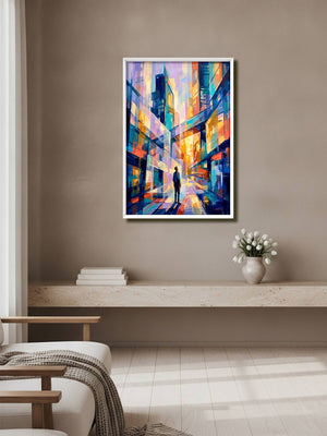 A framed abstract painting of a city street with colorful buildings and a silhouetted figure, displayed on a beige wall above a light wood console in a modern living room setting.