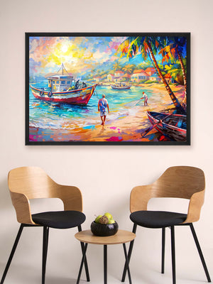 Colorful painting of a beach scene with boats and people, framed and hanging on a wall above two wooden chairs.