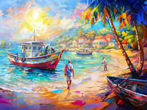 coastal village canvas wall art, fishing boat wall art