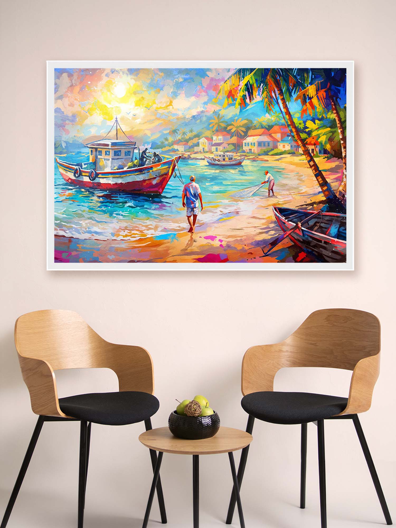 Coastal Harmony canvas wall art – colourful fishing boats on tropical beach