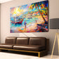 Colorful beach scene painting on a wall above a brown sofa.