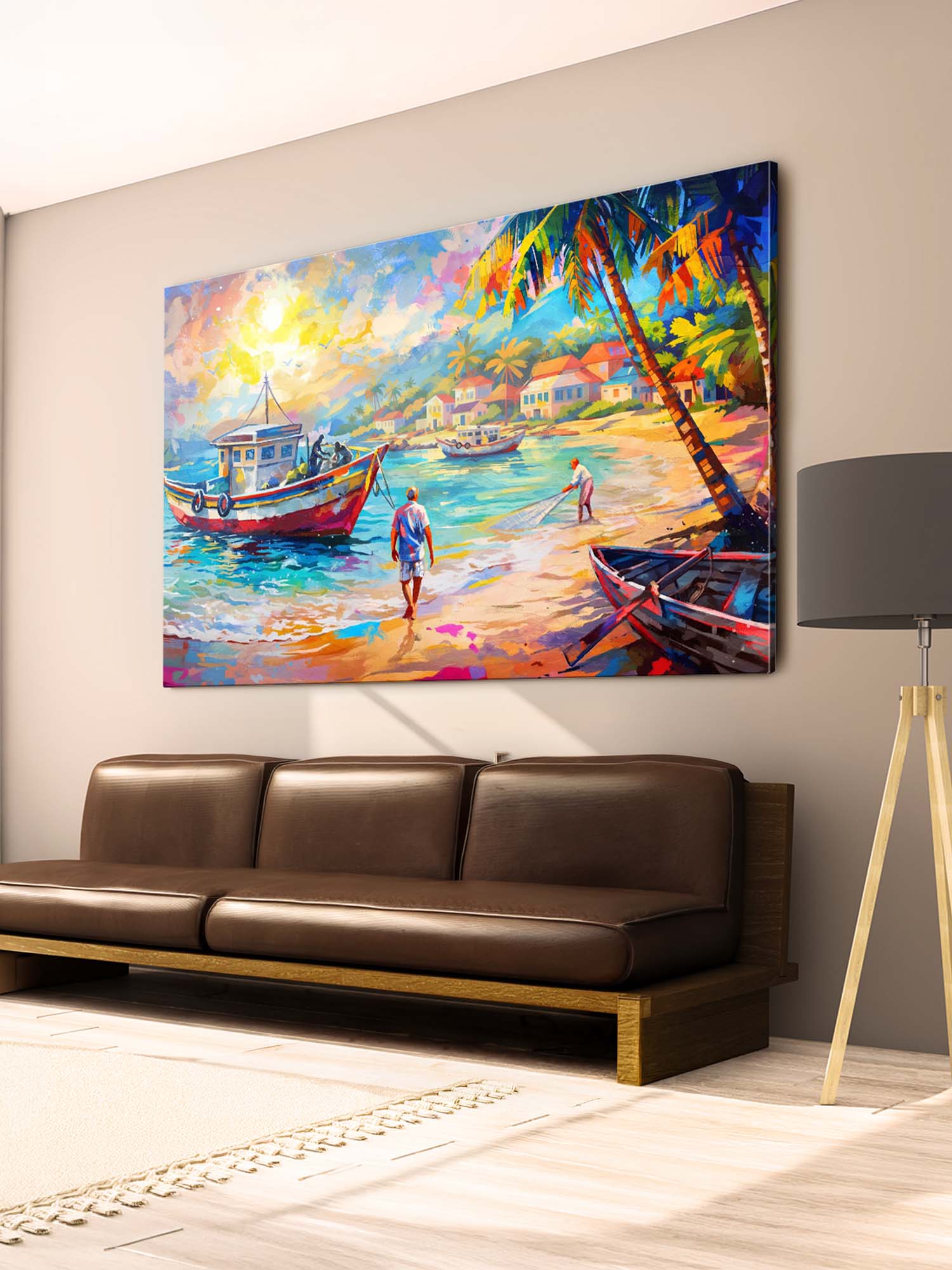 Colorful beach scene painting on a wall above a brown sofa.