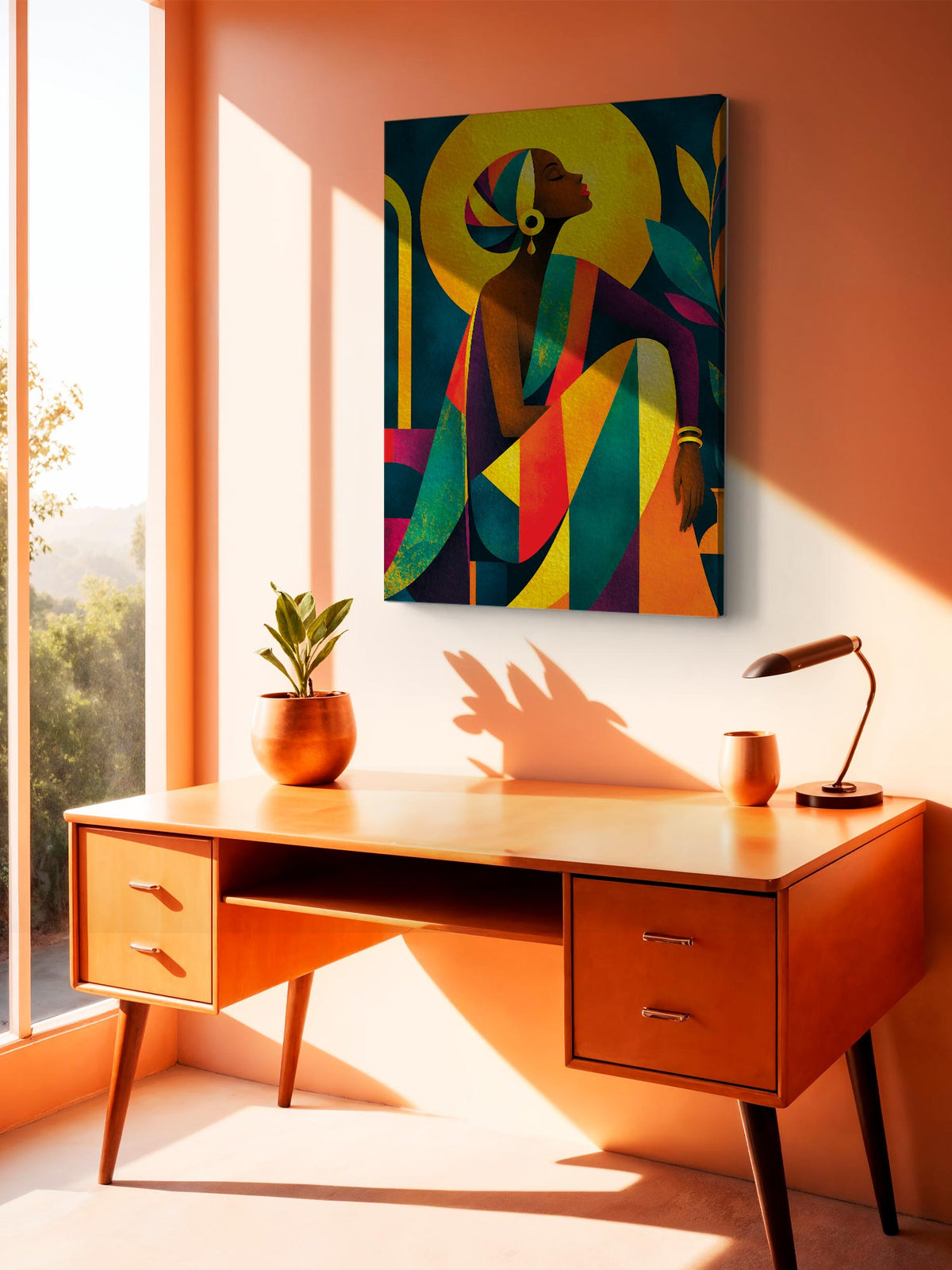 A colorful abstract canvas print of a seated figure hangs on a warm peach wall above a mid-century modern wooden desk in a sunlit room.
