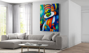 Colourful abstract  Kathakali painting on a wall above a grey sofa in a living room.