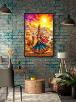 A framed colorful painting of a dancer with a camel and a bright sunset scene, displayed on a distressed blue brick wall in a modern living room setting.