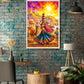 A colorful framed art print depicting a traditional dancer with a camel under a bright sunset sky, displayed on a distressed blue brick wall in a modern living room setting.