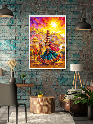 A colorful framed art print depicting a traditional dancer with a camel under a bright sunset sky, displayed on a distressed blue brick wall in a modern living room setting.