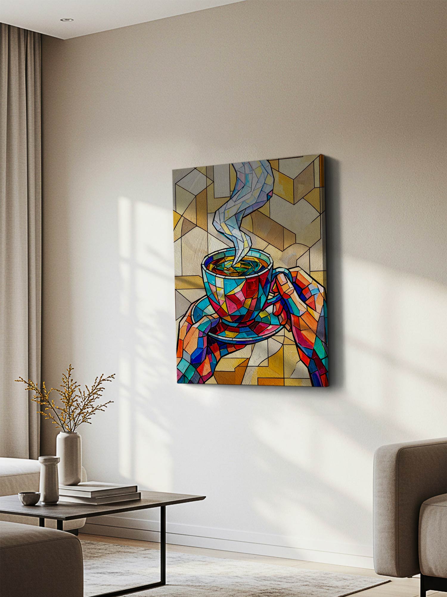 A colorful abstract canvas wall art print depicting a steaming coffee cup, displayed on a beige wall in a modern living room setting.