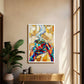 A colorful framed art print depicting a cup of coffee with geometric stained-glass style panels, displayed on a beige wall in a modern, sunlit room with a wooden bench and potted plant.