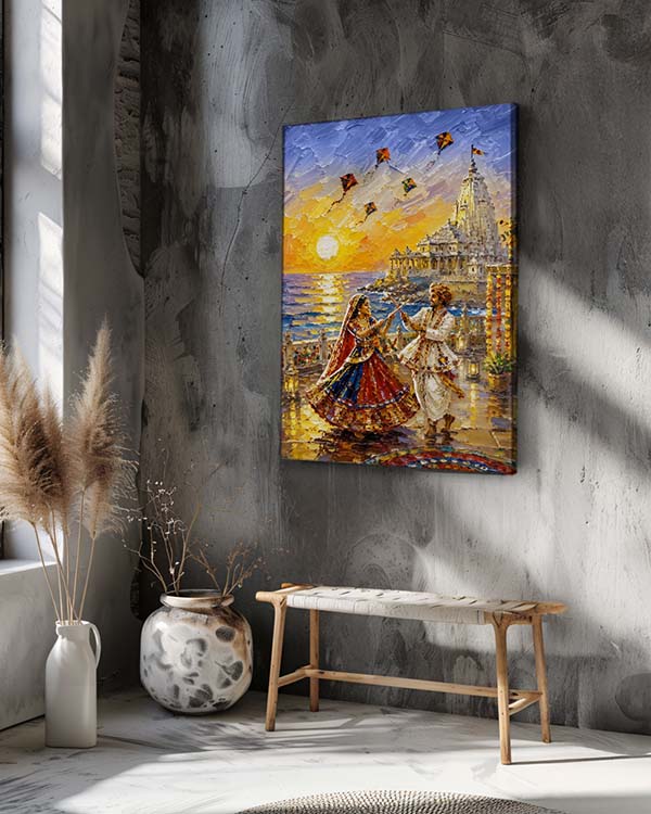A colorful canvas wall art print depicting a festive outdoor scene with dancing figures, a temple, and flying kites, displayed on a textured gray wall above a wooden bench in a styled interior.