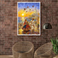 A framed colorful painting of a couple dancing by the sea at sunset hangs on a brown brick wall above two woven wicker chairs in a styled room.