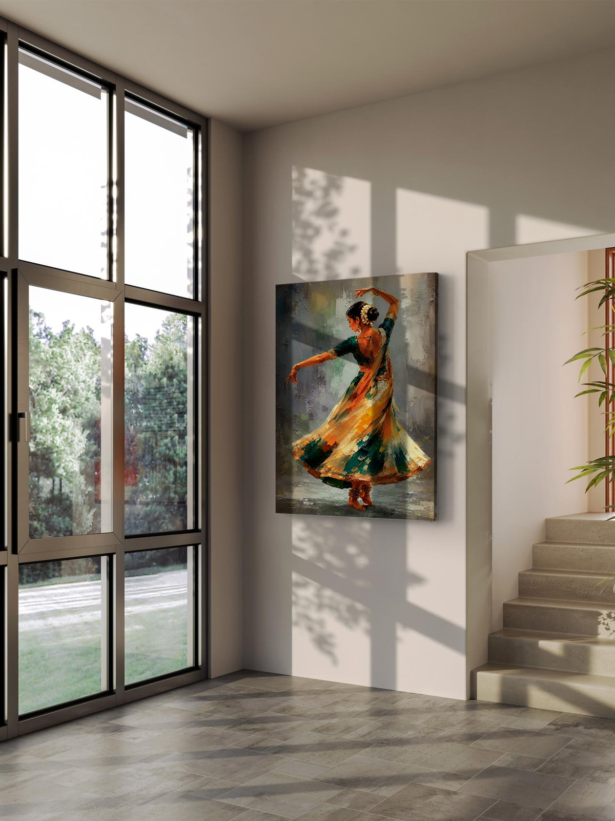 A vertical canvas art print depicting a vibrant, expressive painting of a female dancer in a flowing orange and green dress, displayed on a wall in a modern, sunlit interior room with a large window and staircase.