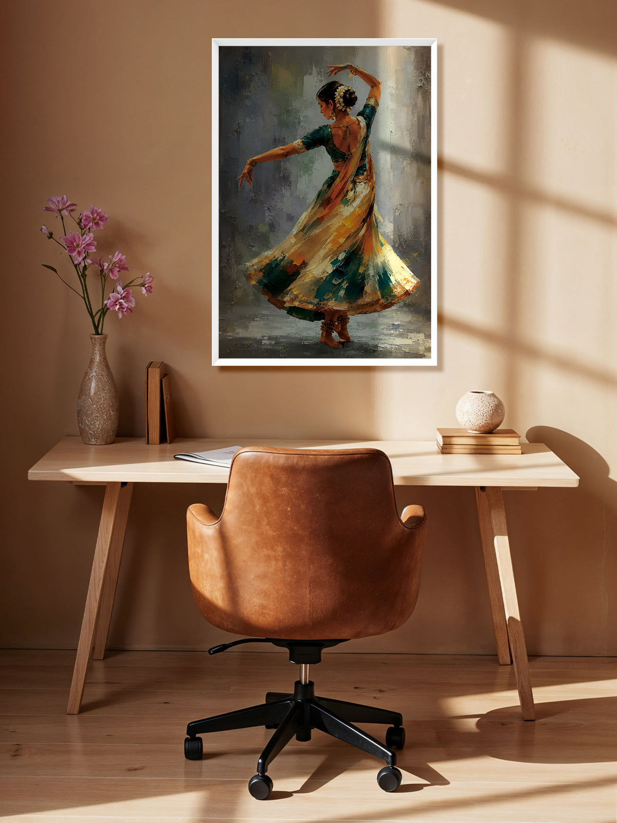 Dance of Grace contemporary Indian classical dance canvas wall art featuring an elegant dancer in flowing emerald green and gold attire