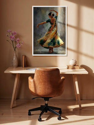 Dance of Grace contemporary Indian classical dance canvas wall art featuring an elegant dancer in flowing emerald green and gold attire