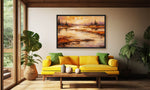 Dusk Reflections contemporary landscape canvas wall art featuring a tranquil lake, distant trees and warm textured sunset tones