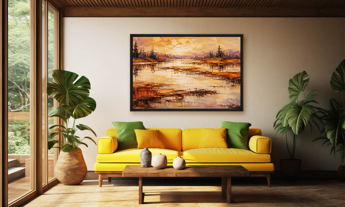 Dusk Reflections contemporary landscape canvas wall art featuring a tranquil lake, distant trees and warm textured sunset tones