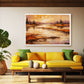 A framed landscape painting of a reflective lake at sunset hangs on a beige wall above a yellow sofa in a modern living room with green plants and a wooden coffee table.