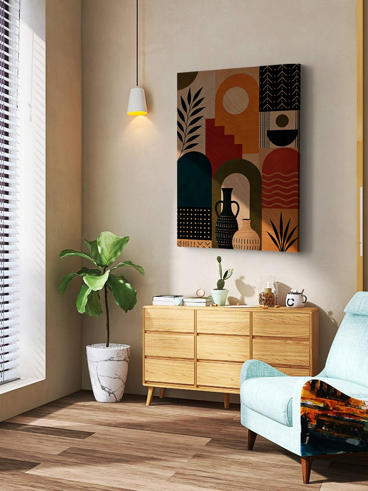 Earth & Elements contemporary geometric botanical canvas wall art featuring earthy arches, geometric patterns, botanical silhouettes and decorative vessels