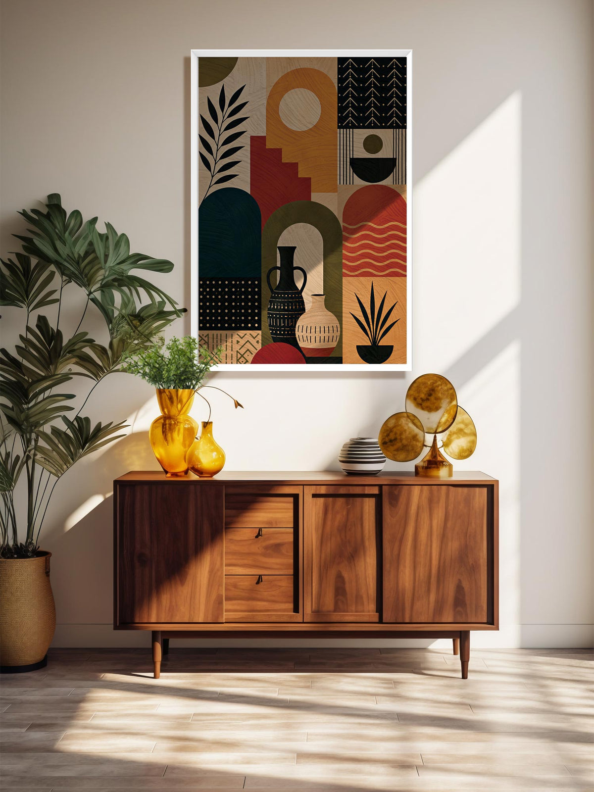 Earth & Elements contemporary geometric botanical canvas wall art featuring earthy arches, geometric patterns, botanical silhouettes and decorative vessels