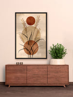 Botanical abstract canvas wall art featuring delicate grasses, terracotta geometric circles, and soft neutral earth-tone backgrounds