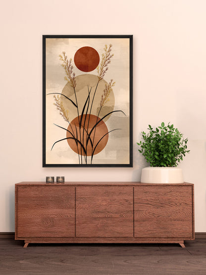 Botanical abstract canvas wall art featuring delicate grasses, terracotta geometric circles, and soft neutral earth-tone backgrounds
