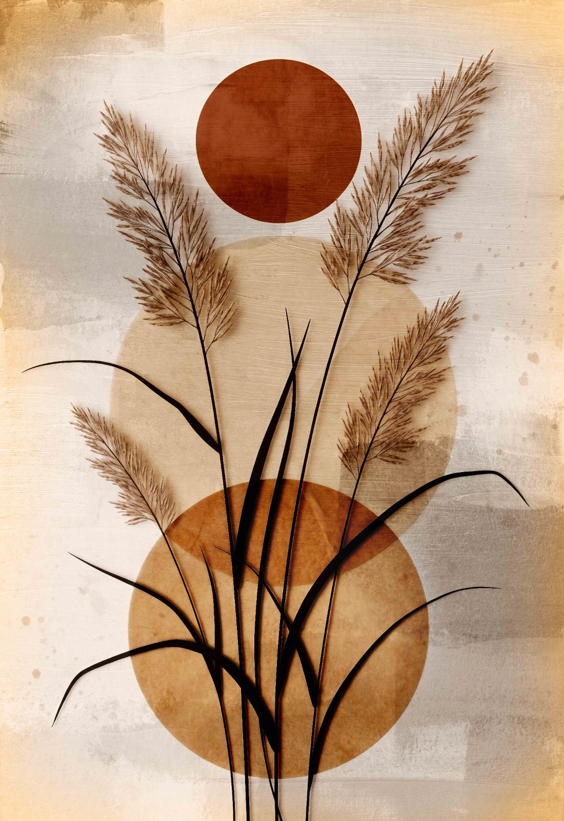 Botanical abstract canvas wall art featuring delicate grasses, terracotta geometric circles, and soft neutral earth-tone backgrounds