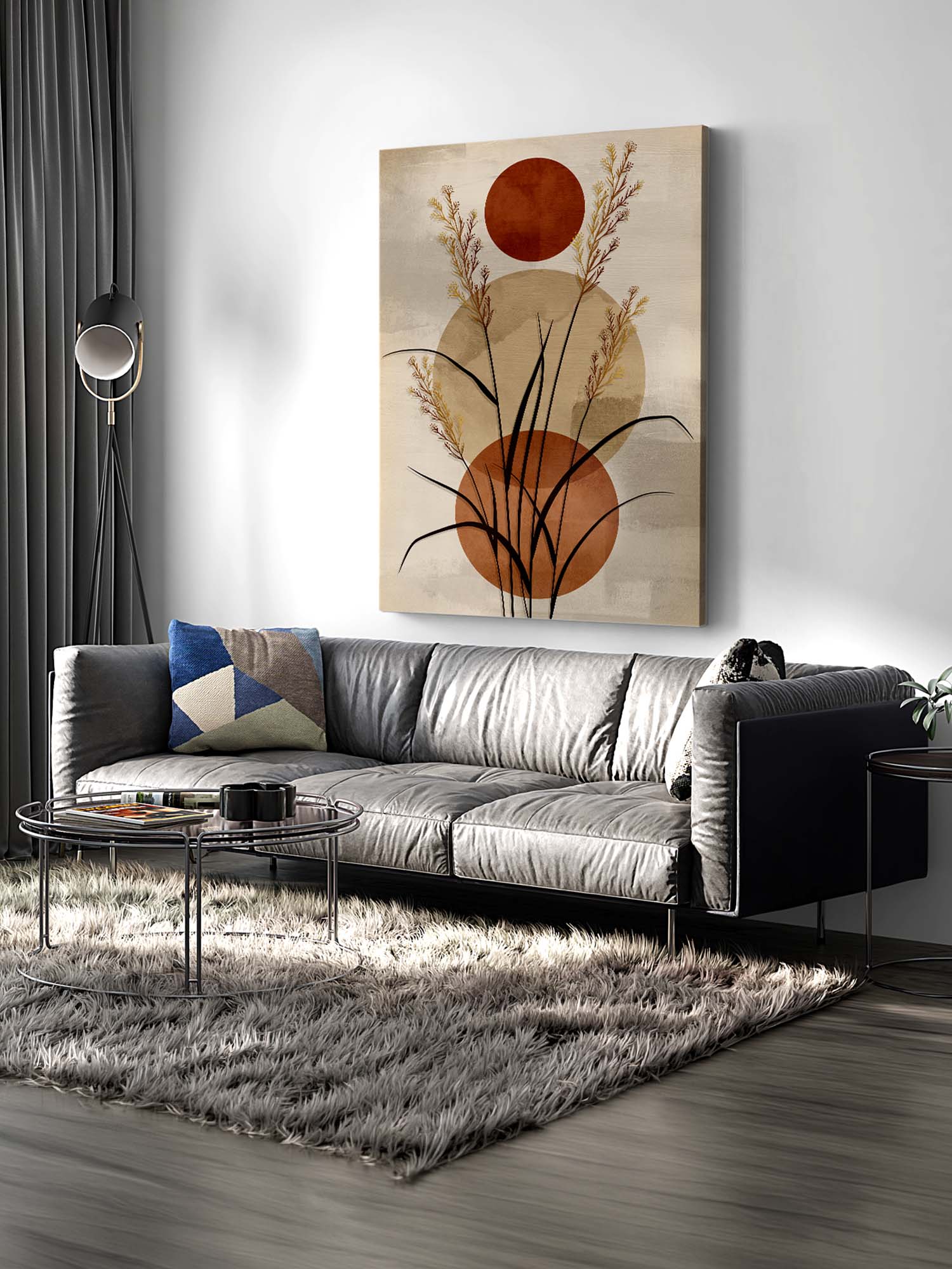 Modern living room with a gray sofa, abstract wall art, and a rug.