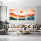Countryside mountain canvas wall art featuring a colorful village road, charming homes, green fields, and majestic mountain scenery.