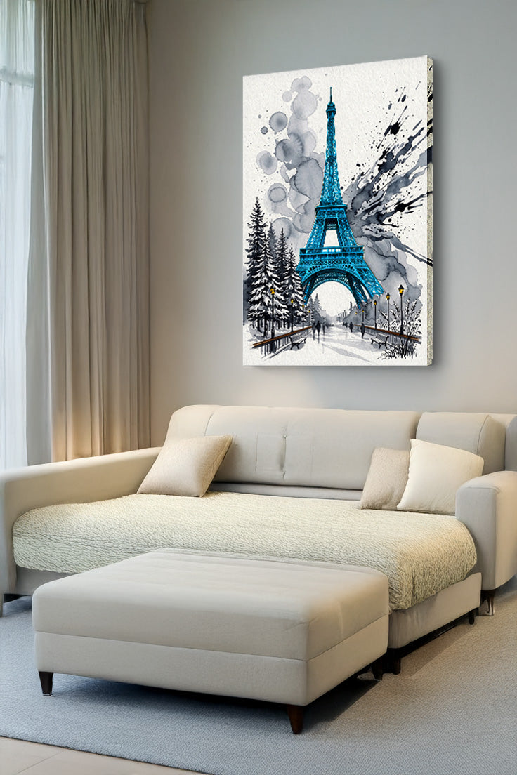 A vertical canvas wall art print featuring a bright blue Eiffel Tower in a snowy Paris street, styled in a modern living room above a cream-colored sectional sofa.