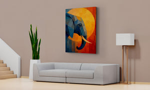Modern living room with a gray sofa, plant, and abstract elephant painting on the wall.