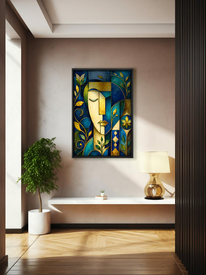 A framed abstract art print featuring a stylized face in blue, gold, and green tones, displayed on a beige wall in a modern interior setting with a plant, shelf, and lamp.