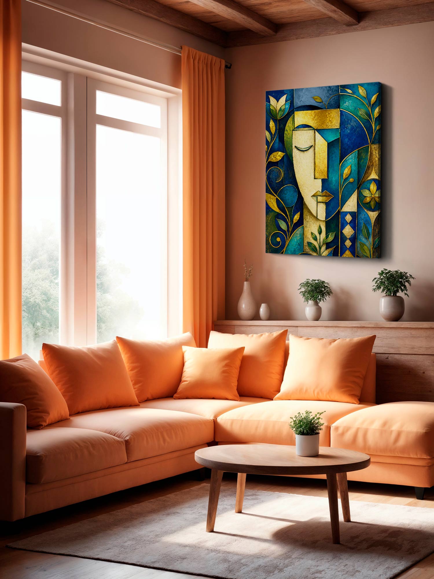 A colorful abstract canvas print of a face in blue, green, and gold tones, displayed on a beige wall in a modern living room with orange sectional sofas and a wooden coffee table.