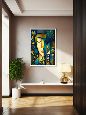 A framed abstract art print featuring a stylized face in blue, green, and gold tones, displayed on a beige wall in a modern interior setting with a shelf, lamp, and plant.