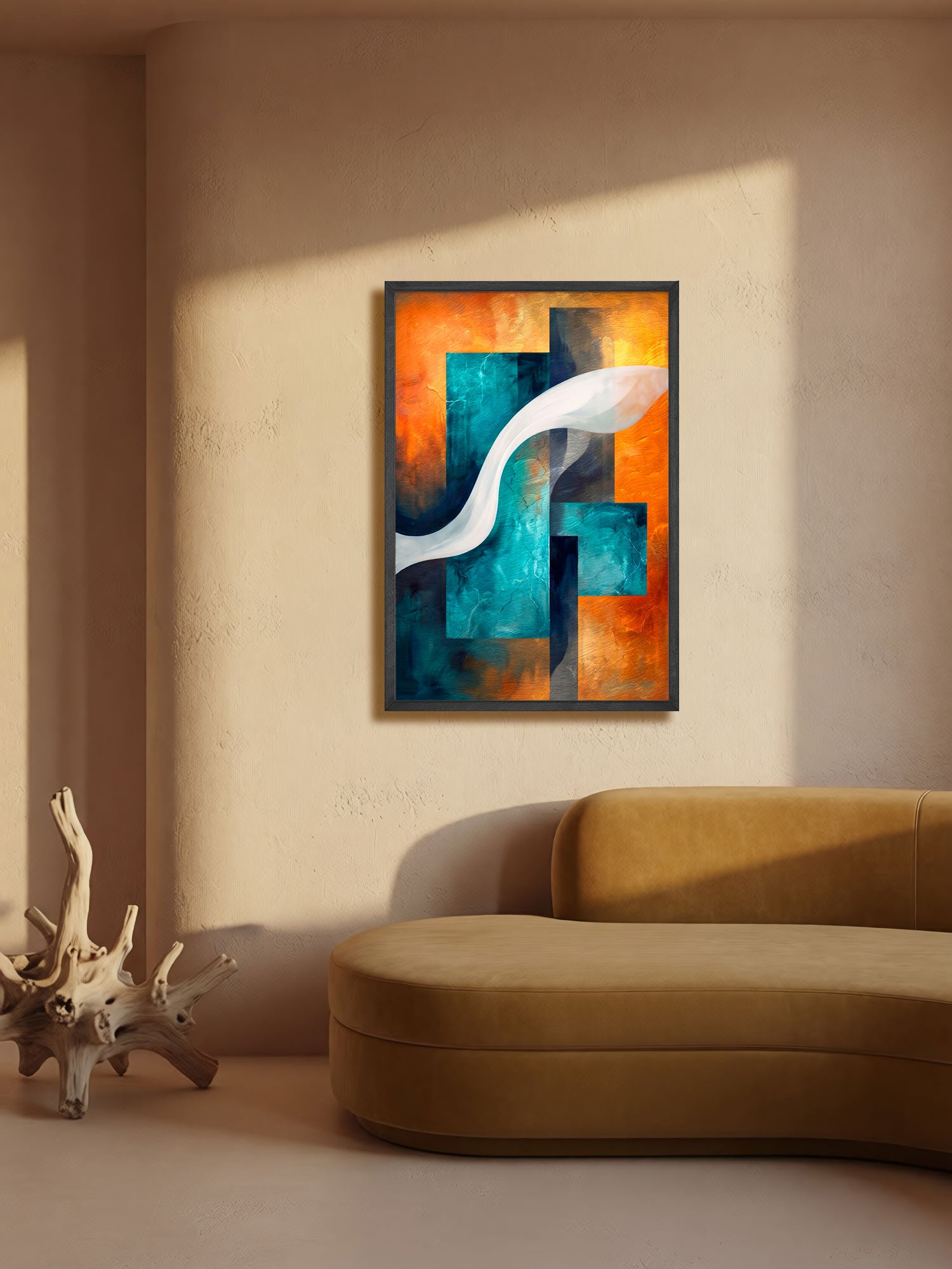 Abstract framed wall art hanging above a curved mustard sofa in a warm beige room, with the artwork featuring teal, orange, black, and white geometric shapes.