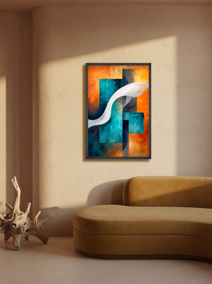 Abstract framed wall art hanging above a curved mustard sofa in a warm beige room, with the artwork featuring teal, orange, black, and white geometric shapes.