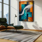 Abstract canvas wall art with geometric shapes in teal, orange, brown, and white, displayed on a white wall in a modern living room setting with a green lounge chair and striped rug.