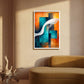Abstract framed wall art hanging above a curved mustard sofa in a warm beige room, with the artwork featuring teal, orange, and white geometric shapes.
