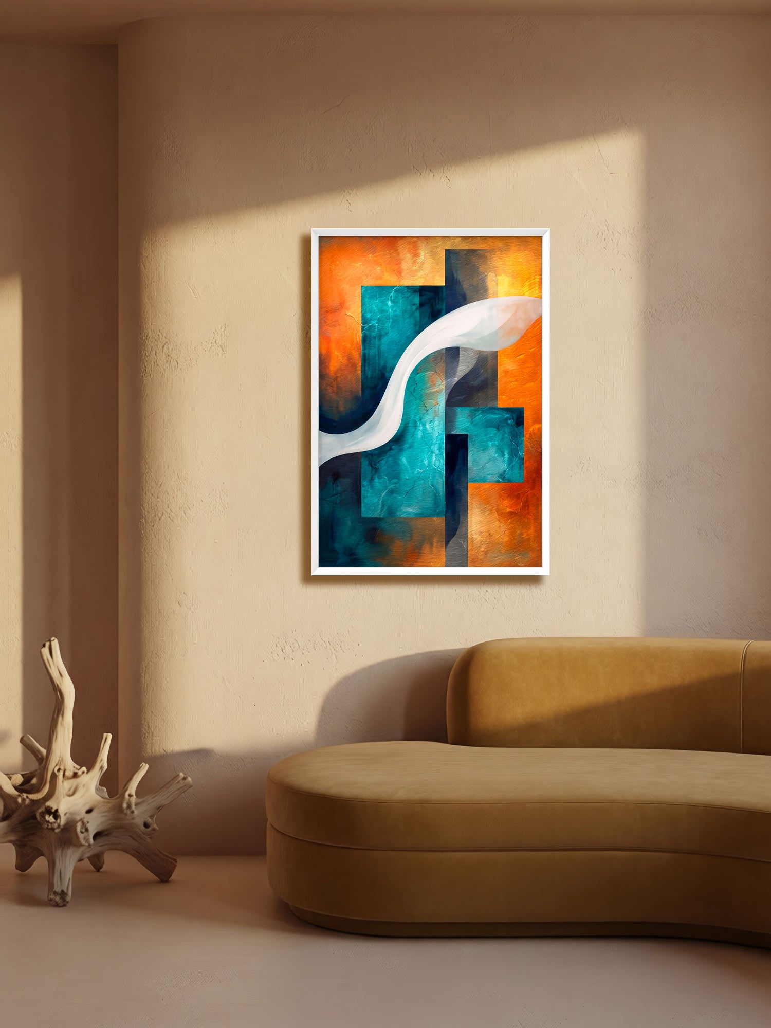 Abstract framed wall art hanging above a curved mustard sofa in a warm beige room, with the artwork featuring teal, orange, and white geometric shapes.