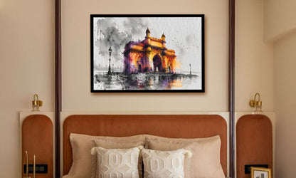 A framed watercolour painting of the India Gate monument in Kolkata, displayed on a beige wall above a bed with a brown headboard and neutral pillows.