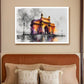 A framed watercolor painting of the India Gate monument in Kolkata, displayed on a beige wall above a bed with a brown headboard and neutral pillows.