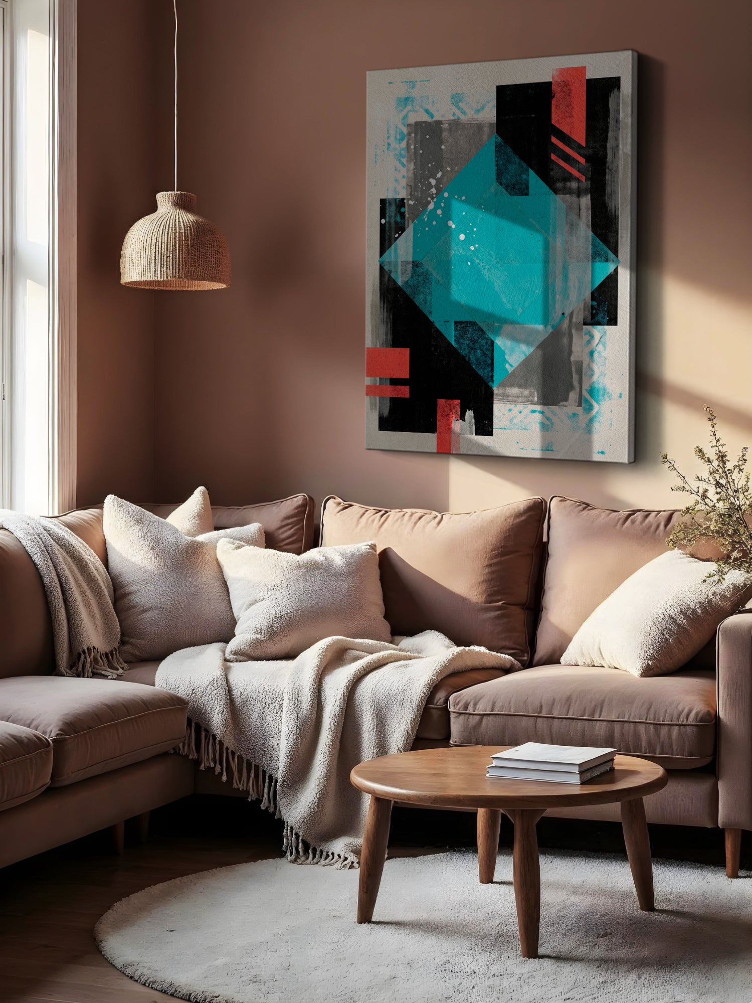 A modern living room featuring a large abstract geometric canvas print with teal, black, red, and gray shapes on a light gray background, hung on a warm brown wall above a beige sectional sofa.